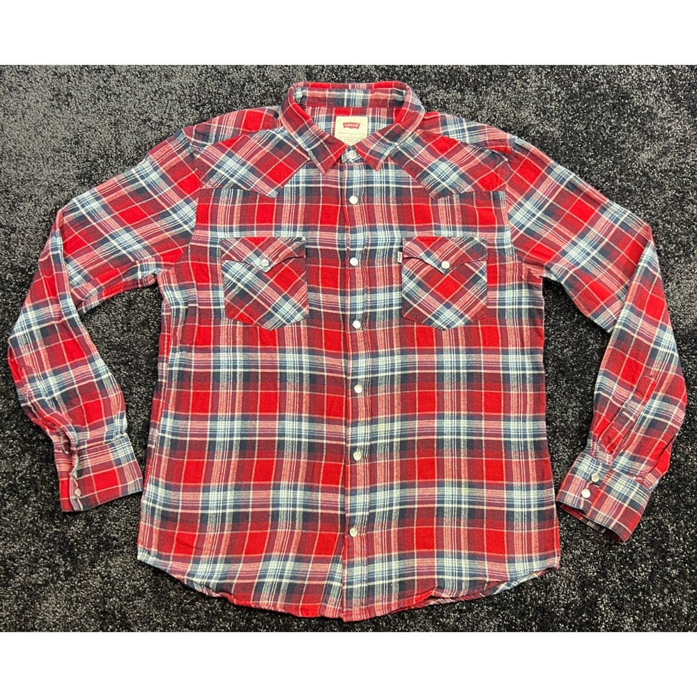 Levi's Mens Flannel Western Shirt Red Blue Plaid LS Pearl Snap L 100% Cotton